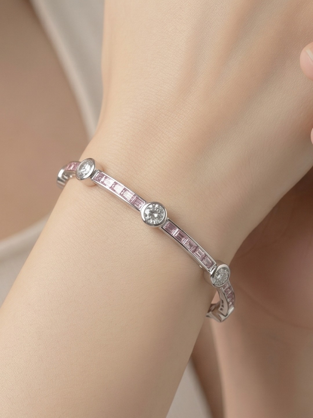 Sterling Silver Bracelet With Clear Round And Pink Baguette Crystals